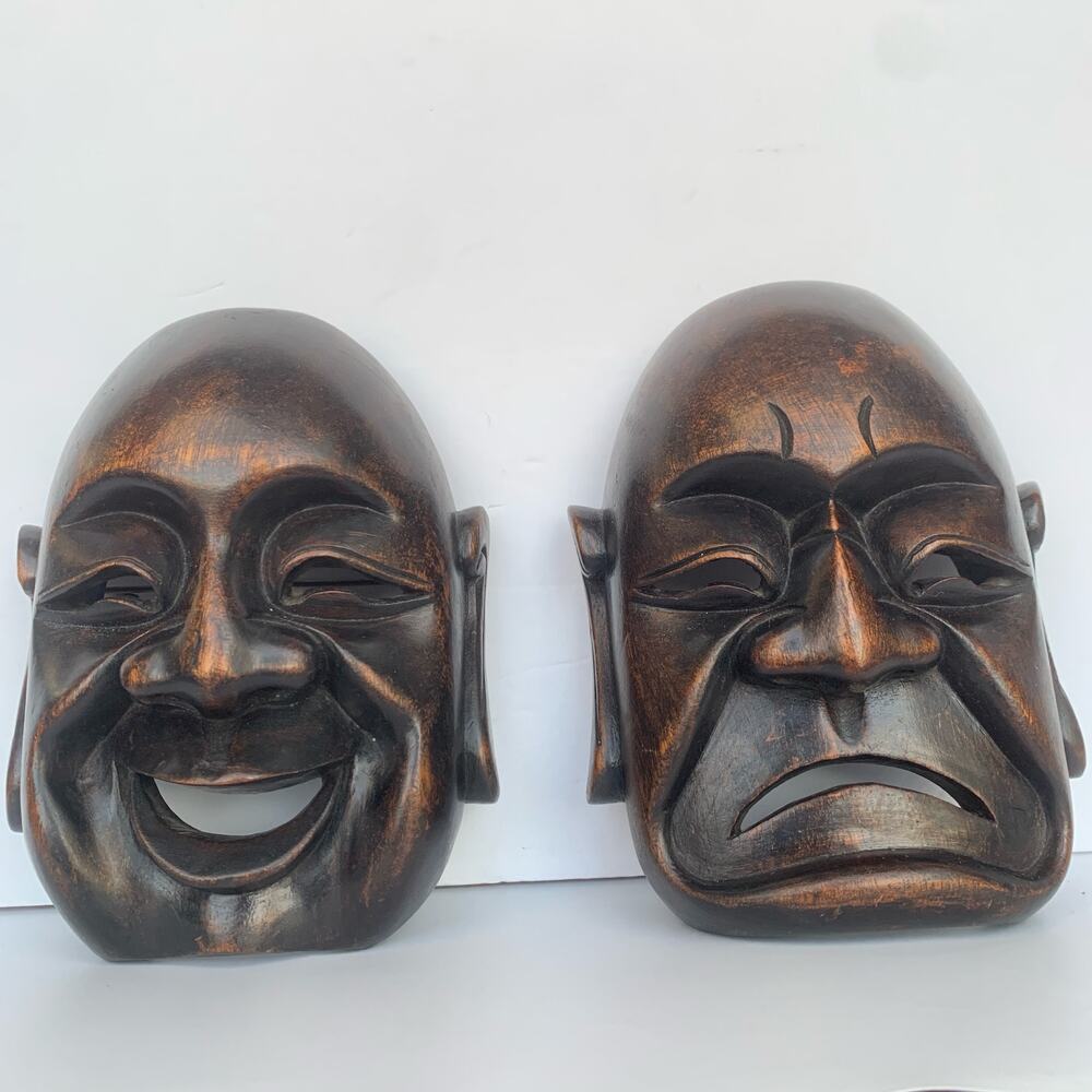 Vintage Mid Century Carved Wood Buddha Masks Wall Art